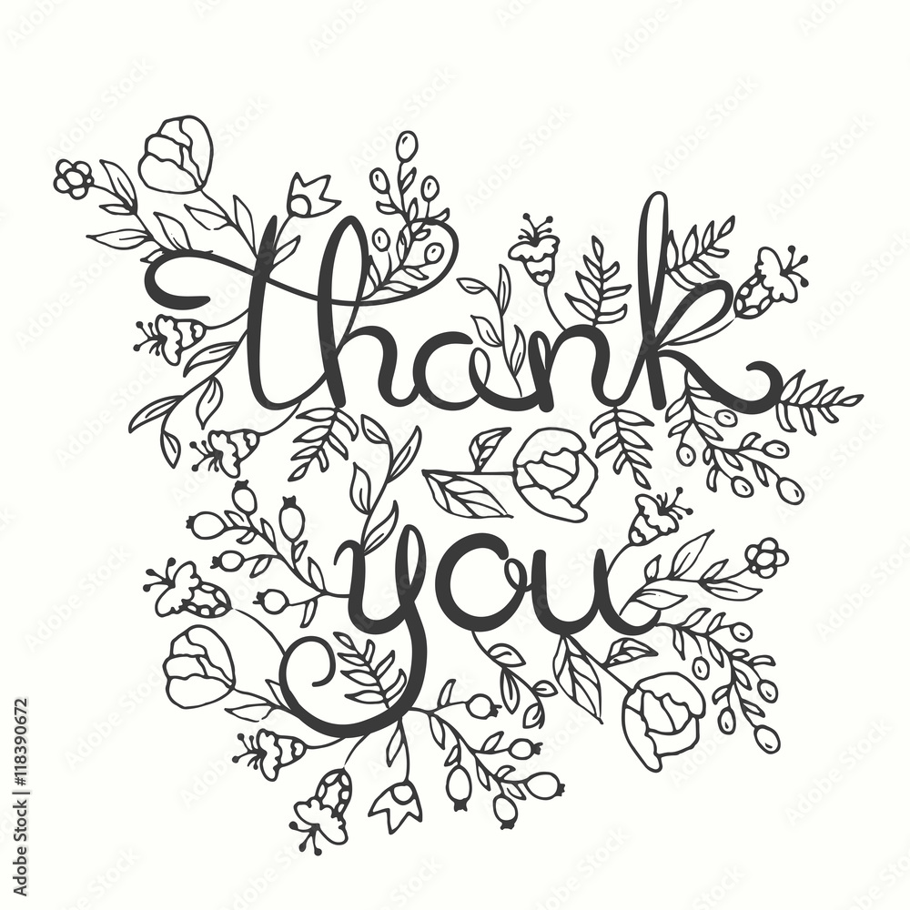 Thank you card. Hand drawn lettering design. Greeting card with flowers ...