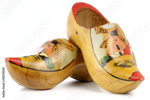 old Dutch souvenir clogs isolated on white background photo