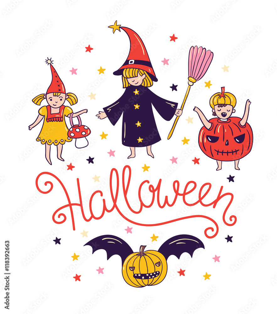 Children in costumes. Greeting halloween card with lettering - 'Halloween' and witch and pumpkin. Trick o treat background.