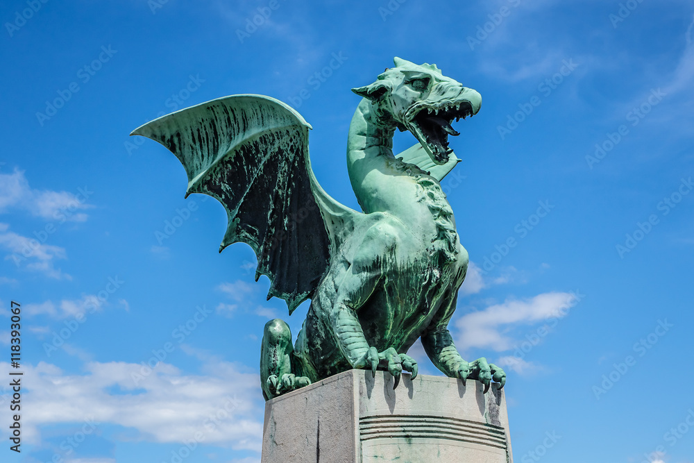 Famous Ljubljana Green dragon at Dragon Bridge. Slovenia.