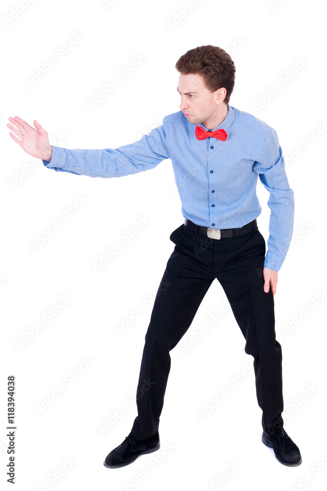 Referee suit and tie butterfly separates boxers. Isolated over white background. the referee gives the command to continue the fight. Referee suit and tie butterfly separates boxers. Isolated over white background. the referee gives the command to continue the fight.