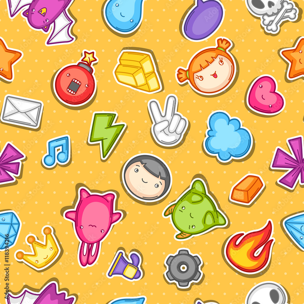 Game kawaii seamless pattern. Cute gaming design elements, objects and symbols