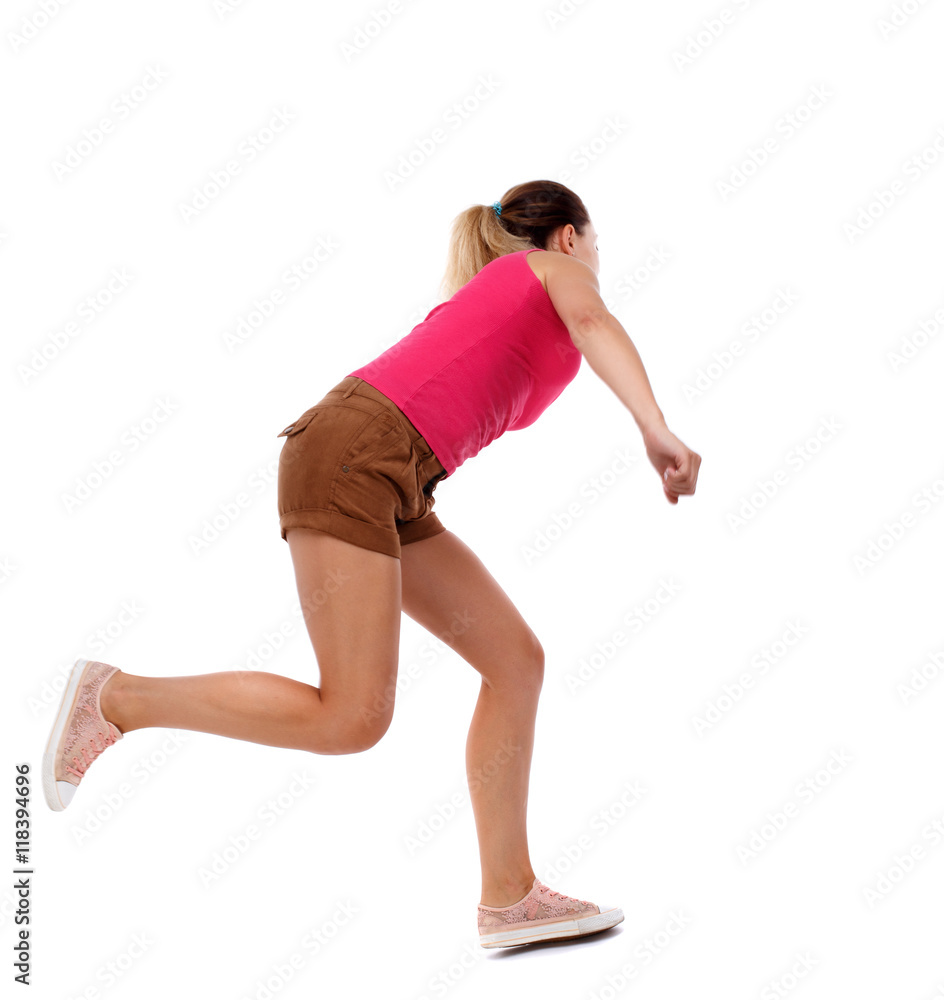 side view woman start position. Rear view people collection. backside view of person. Isolated over white background. Sport blond in brown shorts runs past. side view woman start position. Rear view people collection. backside view of person. Isolated over white background. Sport blond in brown shorts runs past.