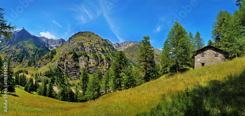 Alpien panoramic view vith mountain house photo