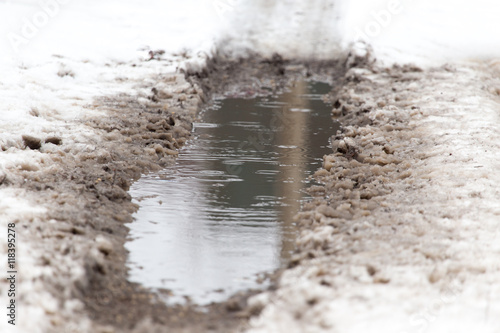 puddles from the rain in winter