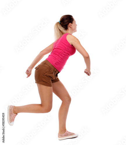 side view woman start position. Rear view people collection. backside view of person. Isolated over white background. Sport blond in brown shorts running sprint.