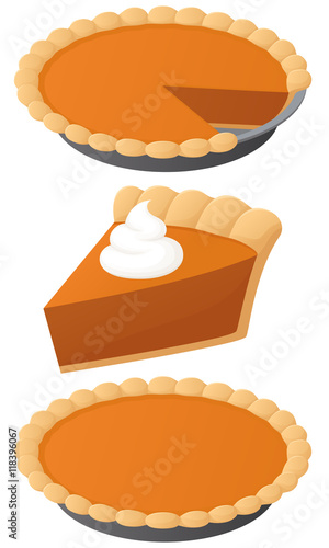 Vector illustration of a pumpkin pie: a whole pie, a slice, and a whole pie with a slice missing.