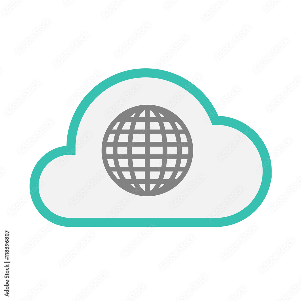 Isolated line art cloud icon with a world globe Isolated line art cloud icon with a world globe
