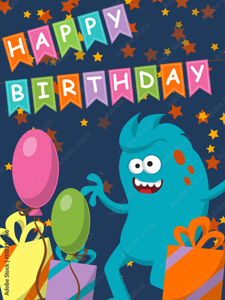 Funny monster with gifts and balloons. Happy Birthday. Vector