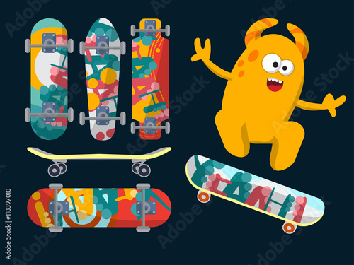 Bright skateboard on a dark background with a yellow monster. Vector