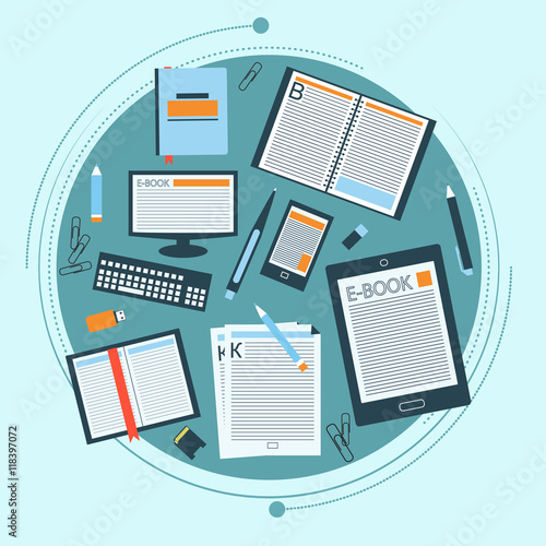Set of books, e-book and stationery for your design. Vector