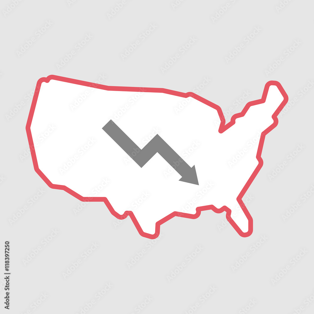 Isolated line art USA map icon with a descending graph Isolated line art USA map icon with a descending graph