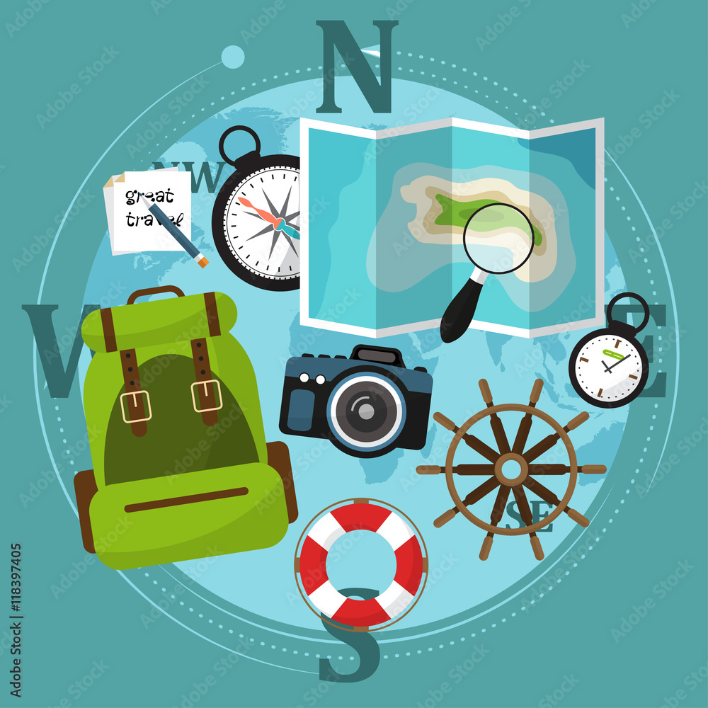 Fototapeta premium Set of travel accessories with backpack, compass, map and other items. Vector