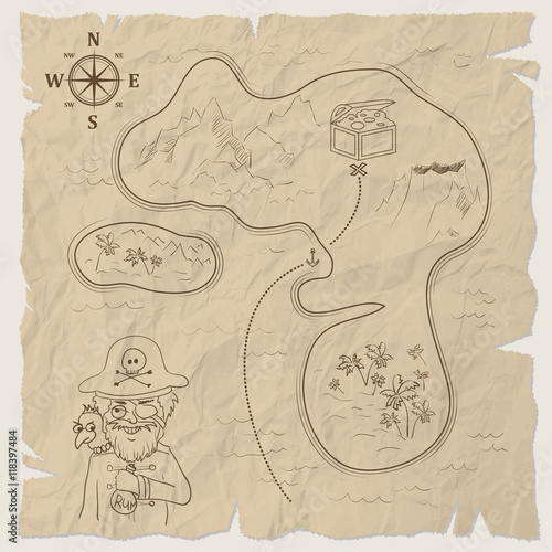 Pirate treasure map of the island on old paper. Vector
