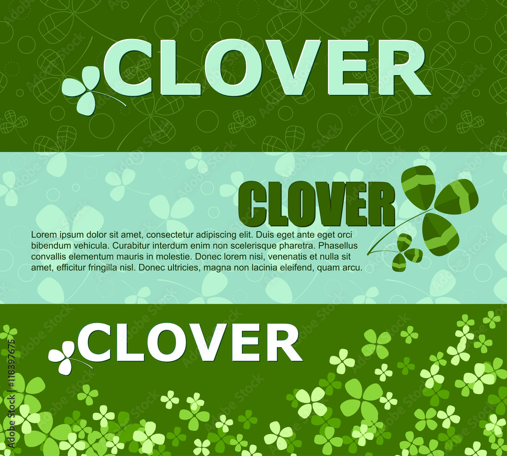Fototapeta premium Set of horizontal banners with green clover and place for your text. Vector
