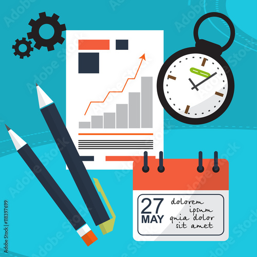 Planning workflow. Against the background of office items like watches, pens, calendar, schedule. Vector