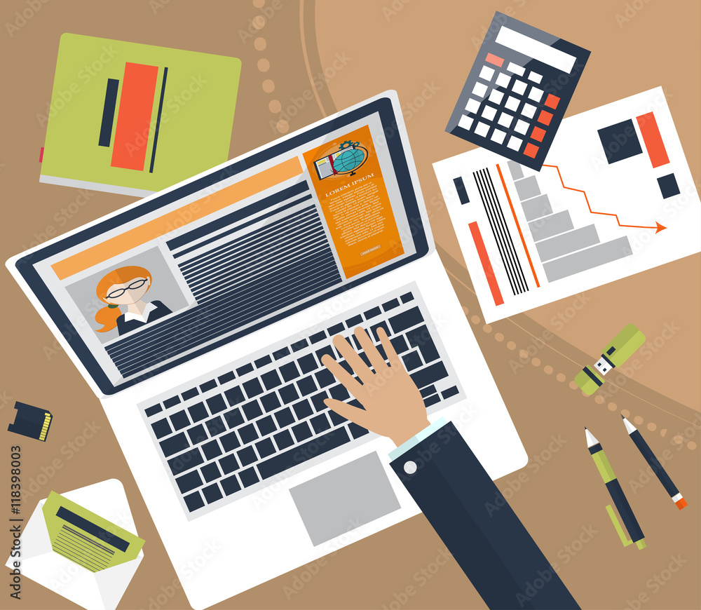 Top view of workplace with documents and laptop. Concepts for business analysis, consulting, teamwork, project management, financial report strategy. Vector Top view of workplace with documents and laptop. Concepts for business analysis, consulting, teamwork, project management, financial report strategy. Vector