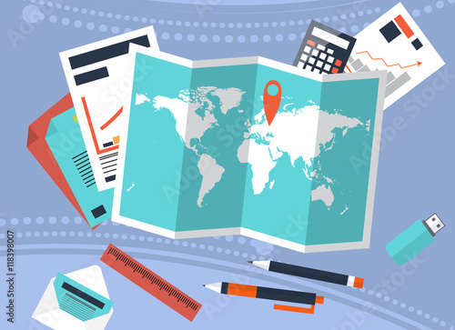 Desk with trip planning and calculation of costs. Graphs, accounting. Vector