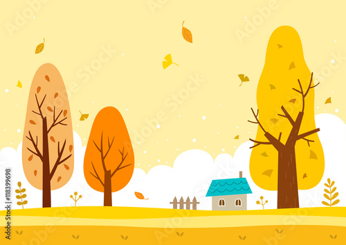 Autumn landscape with the yellow sky and yellow trees