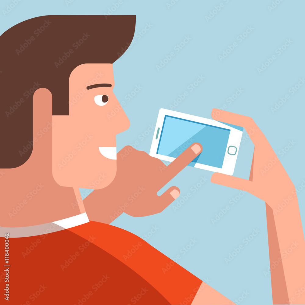 Vector flat illustration of young urban man with a phone in her hands, and modern clothes. Teenager talking on the phone or write a message background