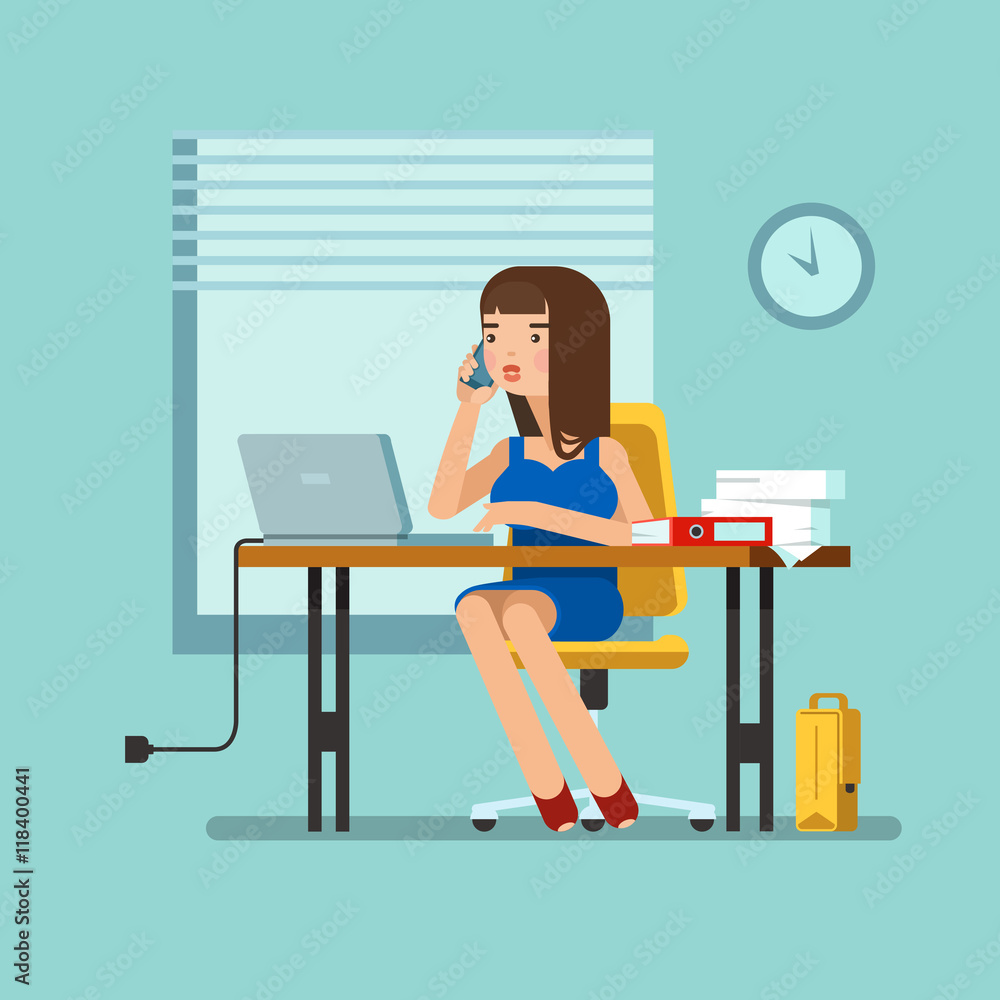 Vector illustration of secretary sitting at the table, working workplace with office papers, laptop, talks on phone in office. Design concept of the secretary or administrator in office workplace Vector illustration of secretary sitting at the table, working workplace with office papers, laptop, talks on phone in office. Design concept of the secretary or administrator in office workplace