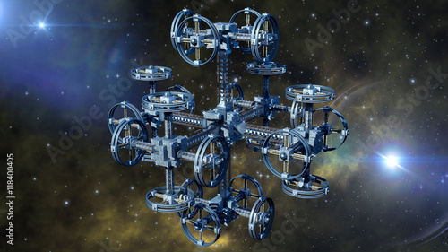 3d Illustration of an alien spaceship with multiple gravitational wheels in interstellar travel for games  futuristic deep space travel or science fiction backgrounds