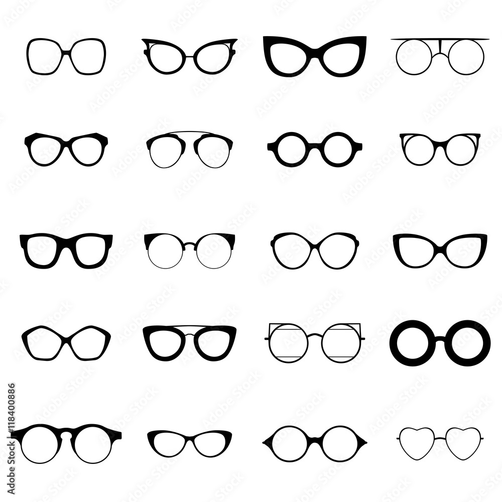 Collection of various glasses. To be worn by women, men and children. Eye glasses set. Vector illustration Collection of various glasses. To be worn by women, men and children. Eye glasses set. Vector illustration