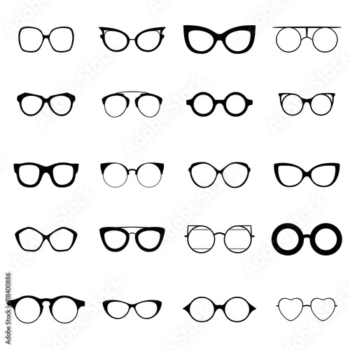 Collection of various glasses. To be worn by women, men and children. Eye glasses set. Vector illustration 