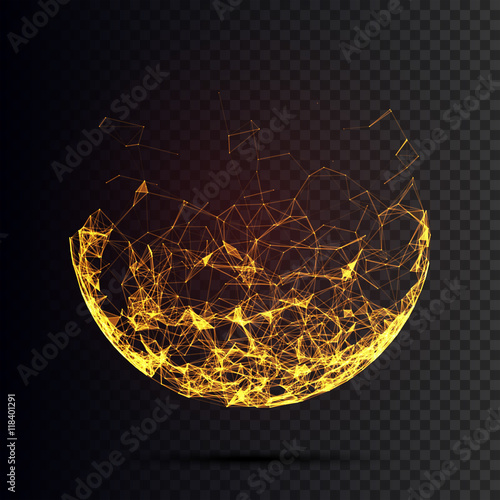 Abstract vector mesh half red spheres. Futuristic technology low poly style. Elegant dots for business presentations. Flying debris lines on transparent background. Illustration