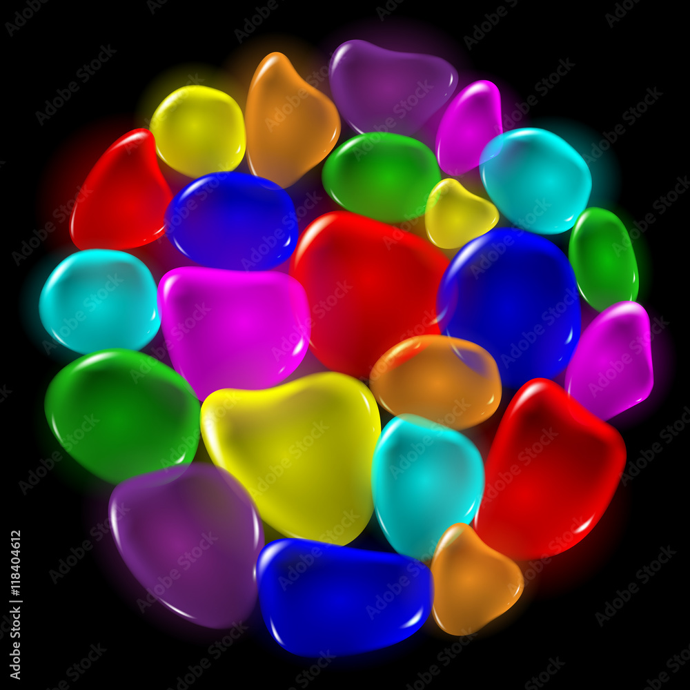 Transparent color drops on black background. Transparent color drops on black background.