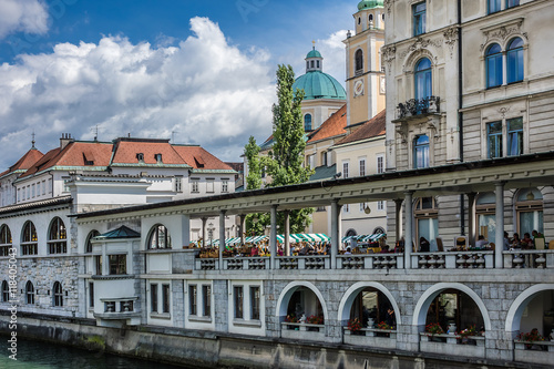 Market on Ljubljanica river embankment. Ljubljana, Slovenia.