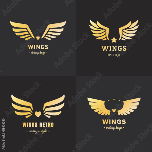 Gold wings logo vector set. Vintage hipster design. Part two.