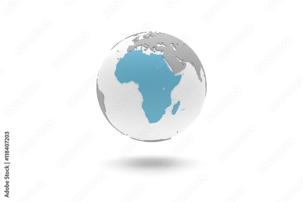 Highly detailed 3D planet Earth globe with grey continents in relief and white oceans, centered in blue Africa