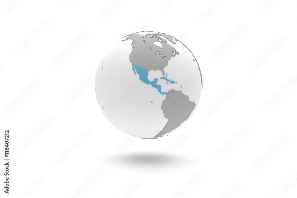 Highly detailed 3D planet Earth globe with grey continents in relief and white oceans, centered in blue central America and Mexico