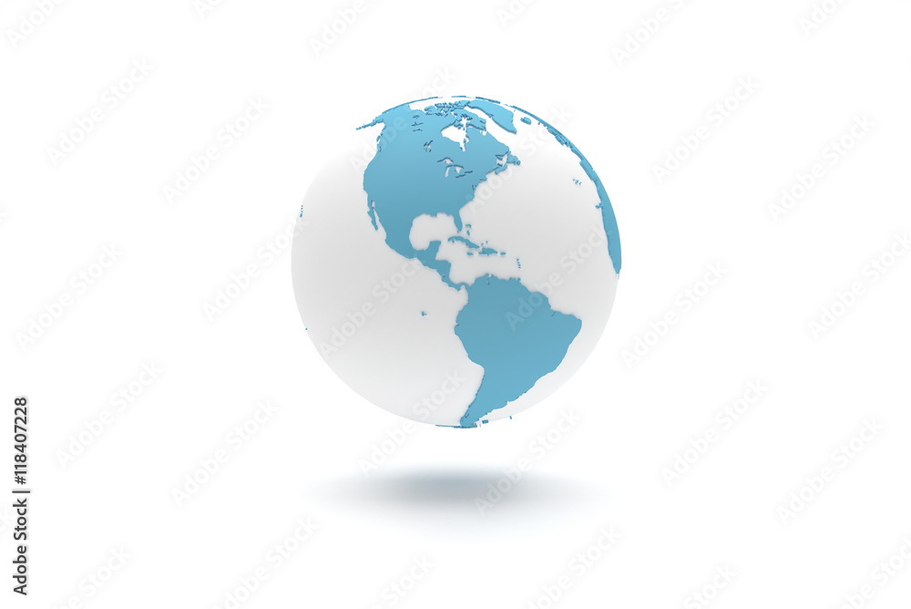 Highly detailed 3D planet Earth globe with blue continents in relief and white oceans, centered in America