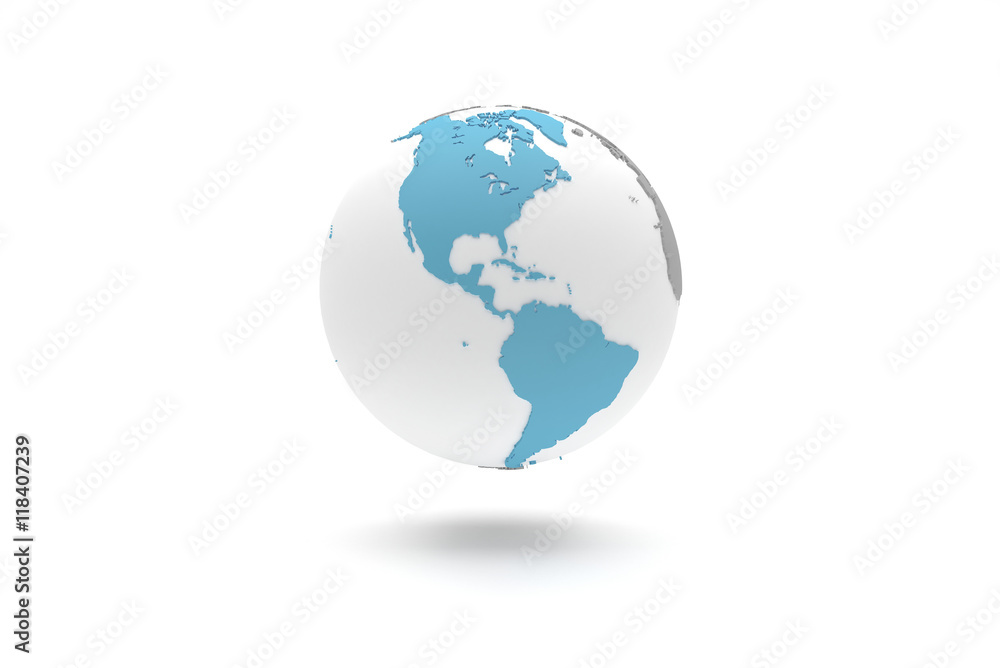 Highly detailed 3D planet Earth globe with blue continents in relief and white oceans, centered in America Highly detailed 3D planet Earth globe with blue continents in relief and white oceans, centered in America