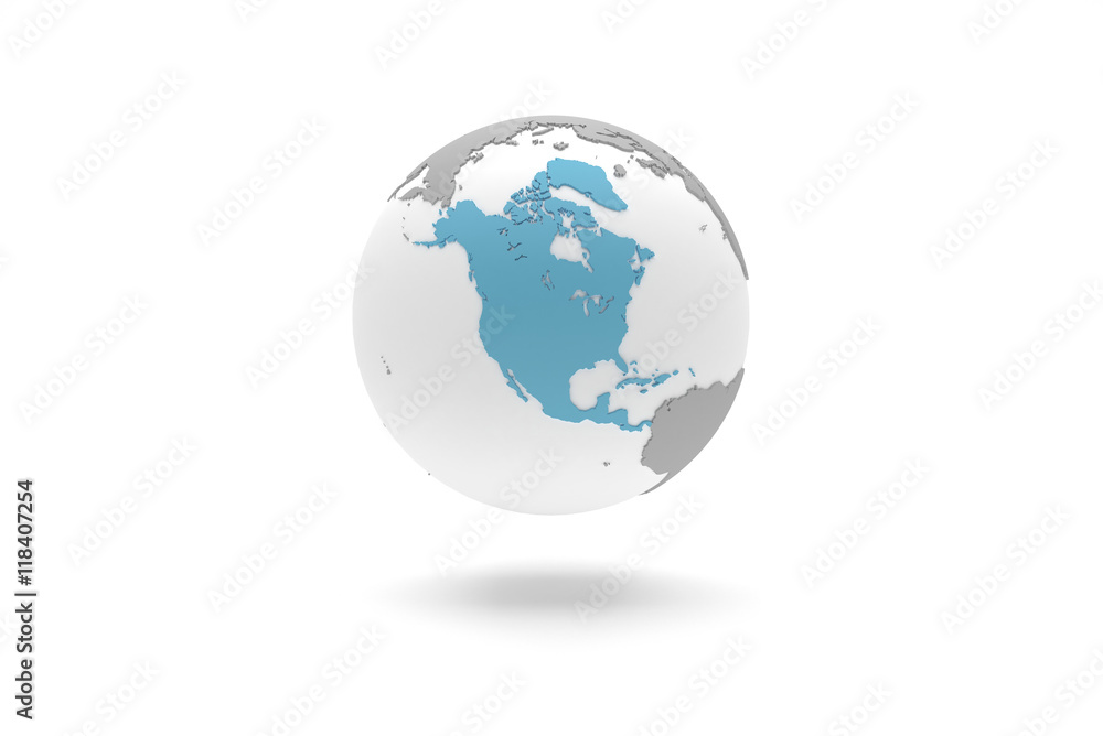 Highly detailed 3D planet Earth globe with grey continents in relief and white oceans, centered in blue full North America