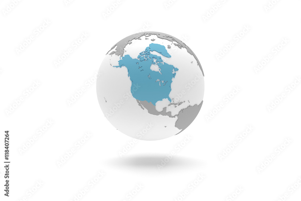 Highly detailed 3D planet Earth globe with grey continents in relief and white oceans, centered in blue North America with Greenland, without Mexico