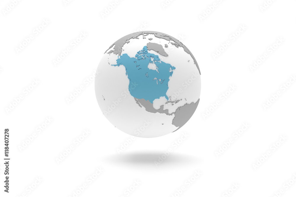 Highly detailed 3D planet Earth globe with grey continents in relief and white oceans, centered in blue North America without Greenland nor Mexico
