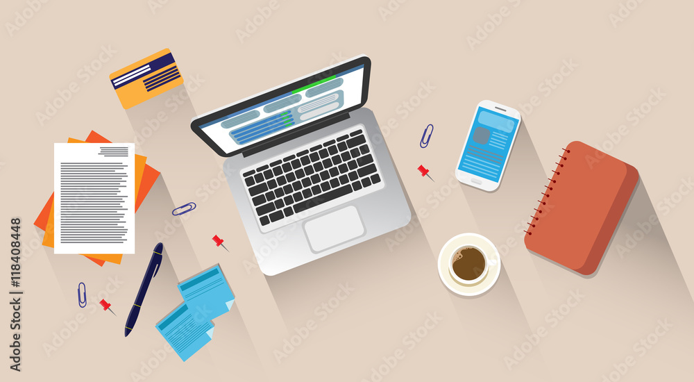 Workplace Desk Laptop Computer Cell Smart Phone Coffee Top Angle View Workplace Desk Laptop Computer Cell Smart Phone Coffee Top Angle View