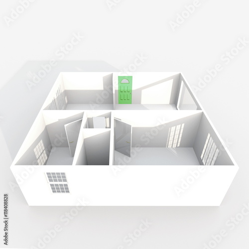 3d interior rendering perspective view of empty paper model home apartment