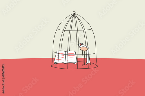 Bird with glasses reading a book in cage, freedom in books concept