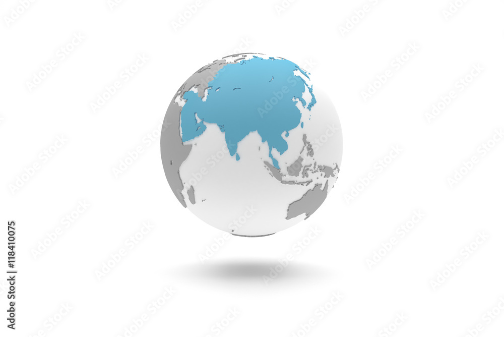 Highly detailed 3D planet Earth globe with grey continents in relief and white oceans, centered in blue full Asia