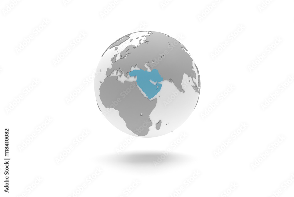 Highly detailed 3D planet Earth globe with grey continents in relief and white oceans, centered in blue Middle East