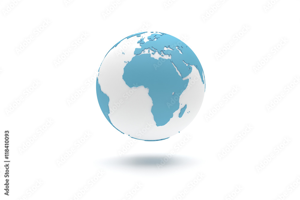 Highly detailed 3D planet Earth globe with blue continents in relief and white oceans, centered in Europe and Africa