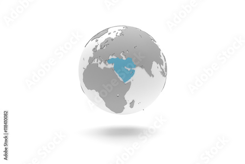 Highly detailed 3D planet Earth globe with grey continents in relief and white oceans  centered in blue Middle East