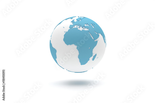 Highly detailed 3D planet Earth globe with blue continents in relief and white oceans  centered in Europe and Africa