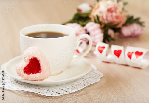 Romantic breakfast tea and dessert in the form of heart