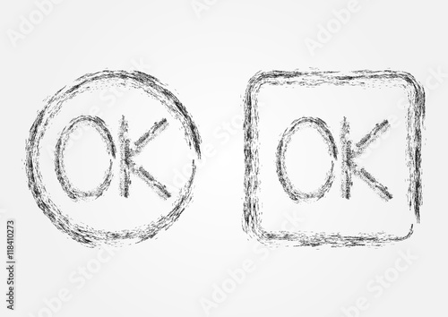 The square and the circle with the text OK drawn intermittent brush. Grunge. A set of two isolated object. The black.