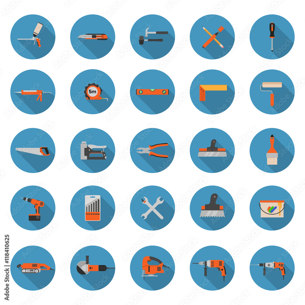 Construction tools icons set - Flat style vector illustrations with long shadows Construction tools icons set - Flat style vector illustrations with long shadows